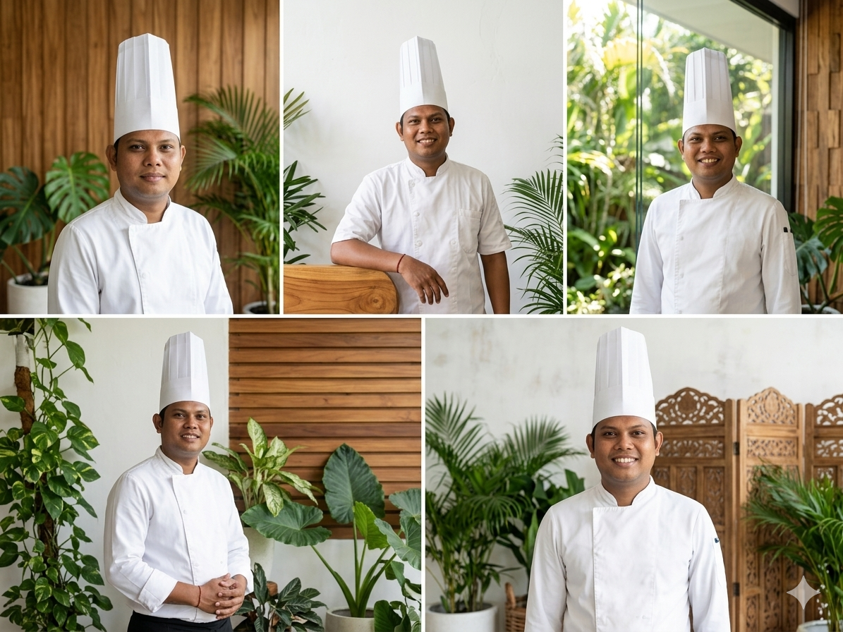 Chef Putu in various professional settings - private chef in Bali